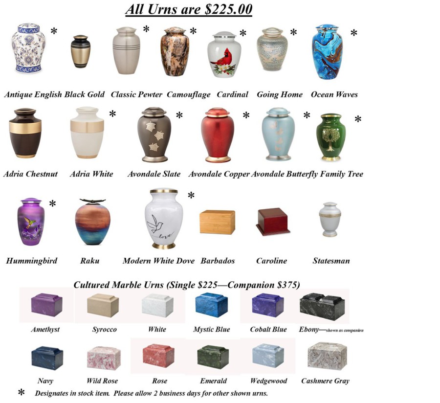 Cremation Urns for Ashes  On-line & On-site in Steubenville